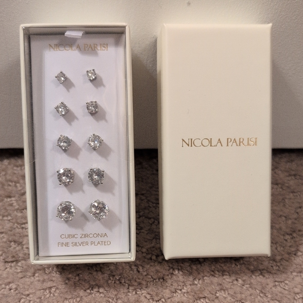 Silver Plated Cubic Zirconia 5 Pairs Of Earrings Set NWT